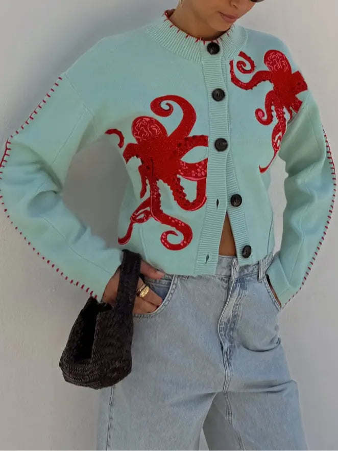 Fun Octopus Pattern Knitted Cardigan