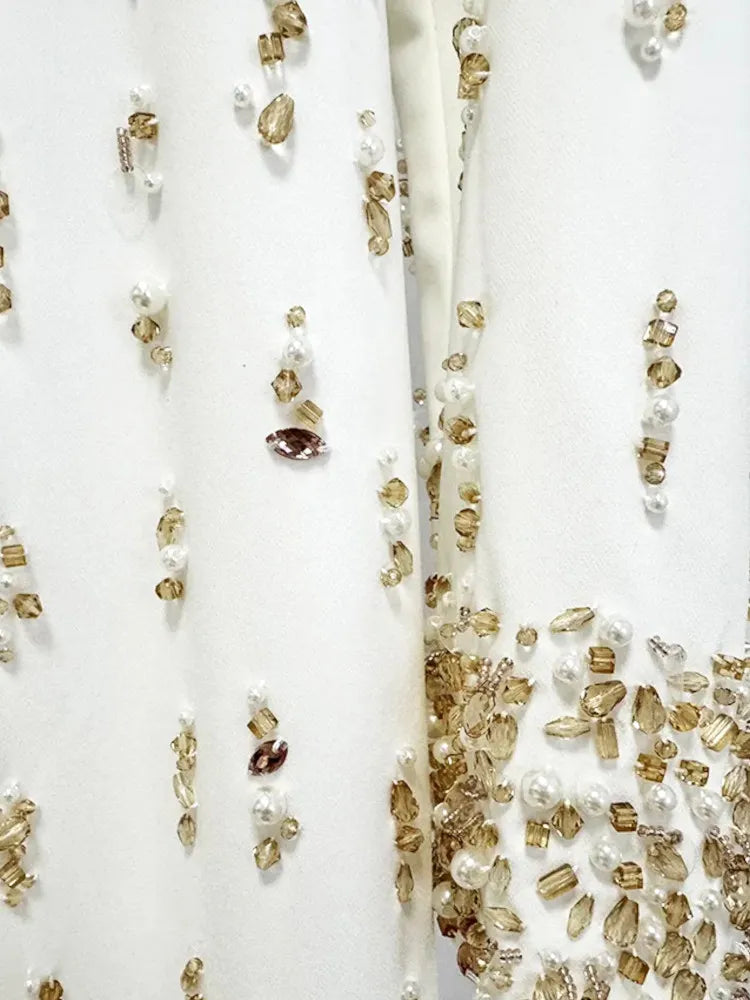 Long Sleeve Crystal Pearl Sequin Maxi Dress White