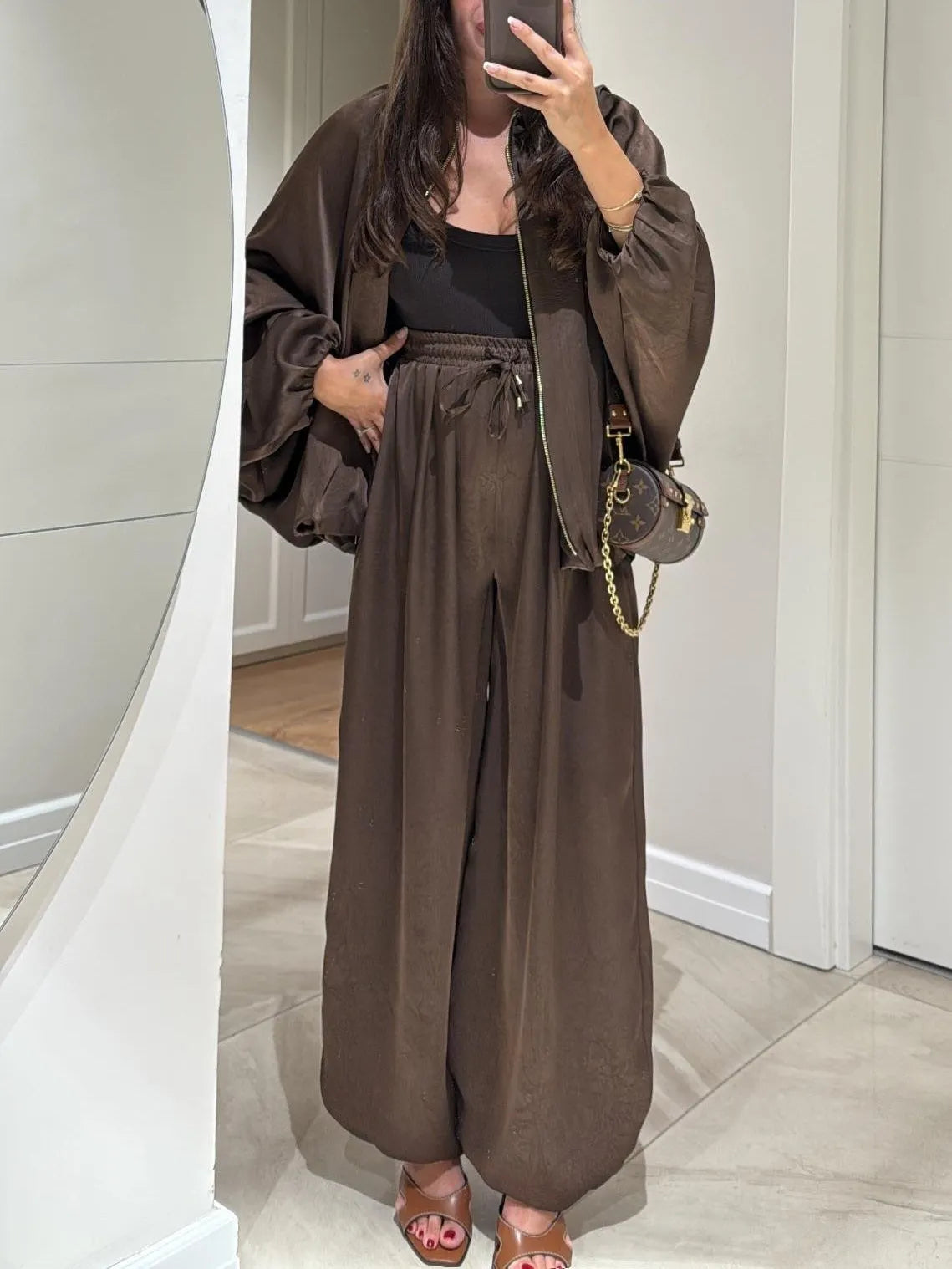 Brown Jacket + Drawstring Pants Casual Two-piece Suit