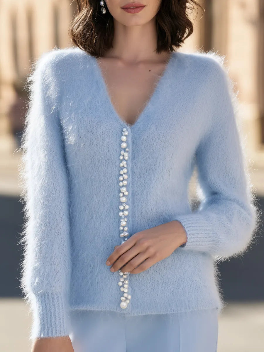 Pearl-Embellished Fuzzy Knit V-Neck Cardigan