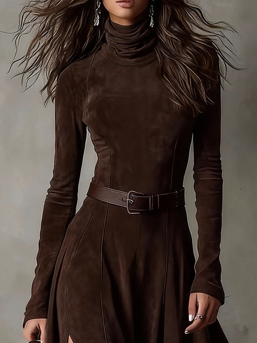 Dark Brown Faux Suede Turtleneck Long Sleeve Slit Maxi Dress(Including belt)