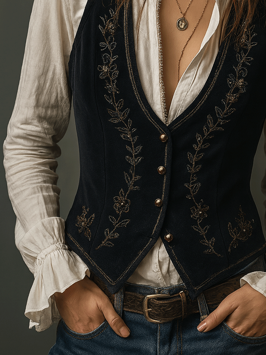 Vintage Black VelvetGold Stitching Waistcoat