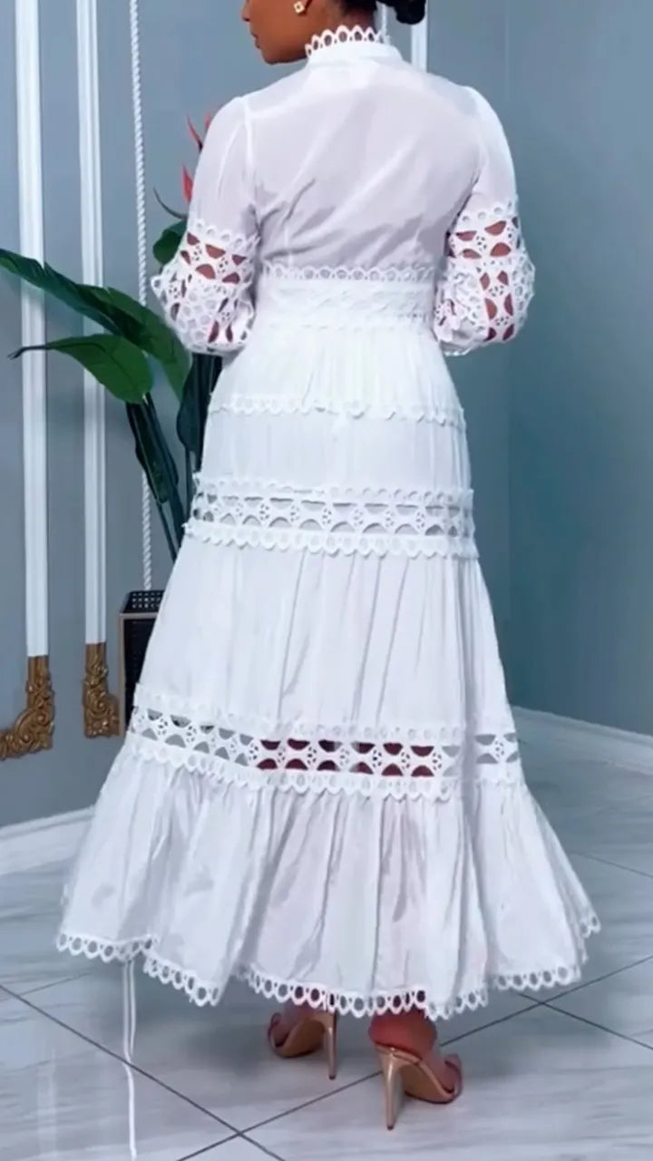 Womens Round Neck Top+ Spliced Hollow Half Skirt Solid Color Casual Lace Set