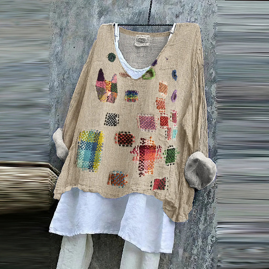 Women's Geometric Embroidered Textile Art Linen Blend Tunic