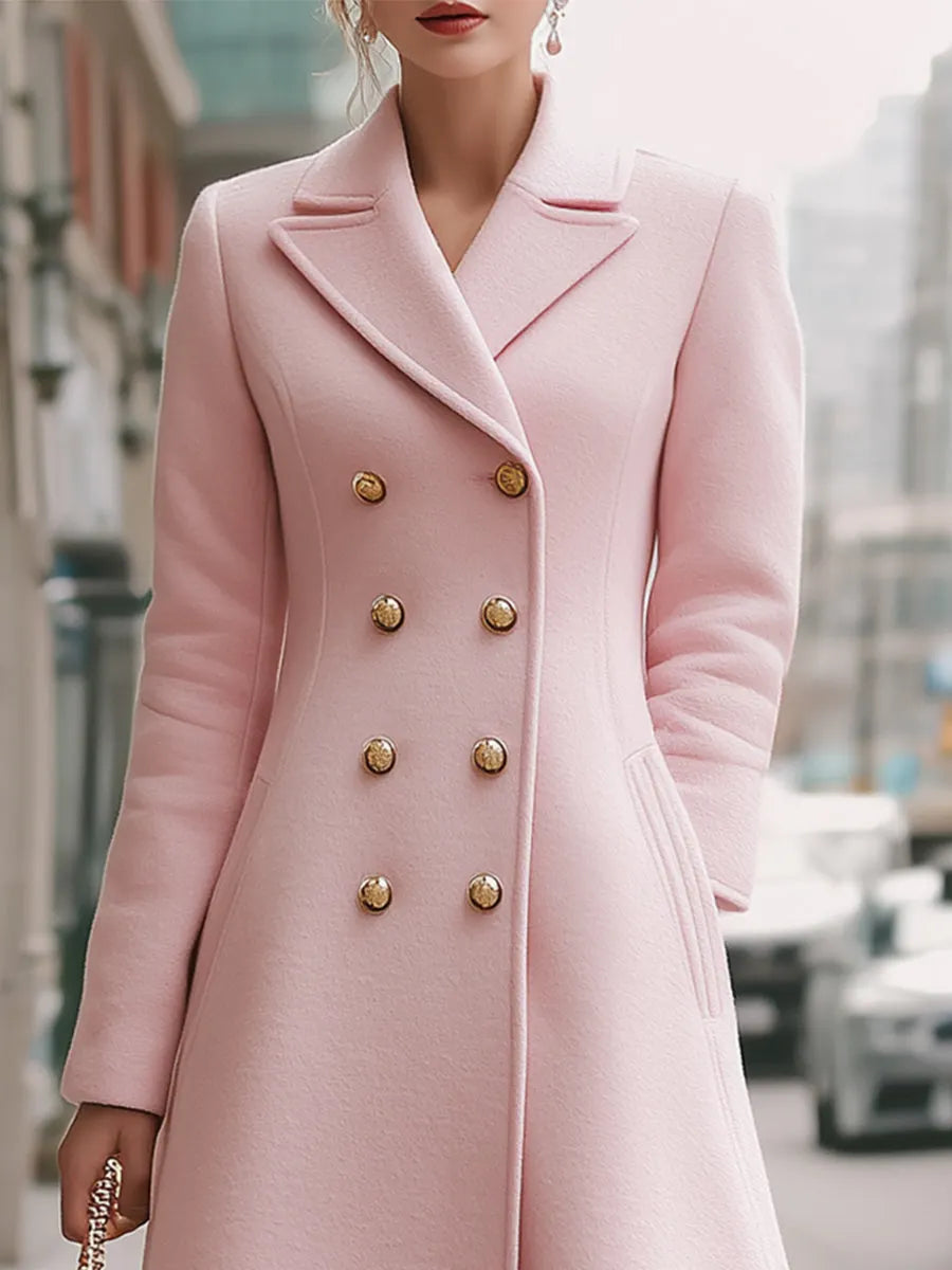 Elegant Double-Breasted Wool Coat In Blush Pink