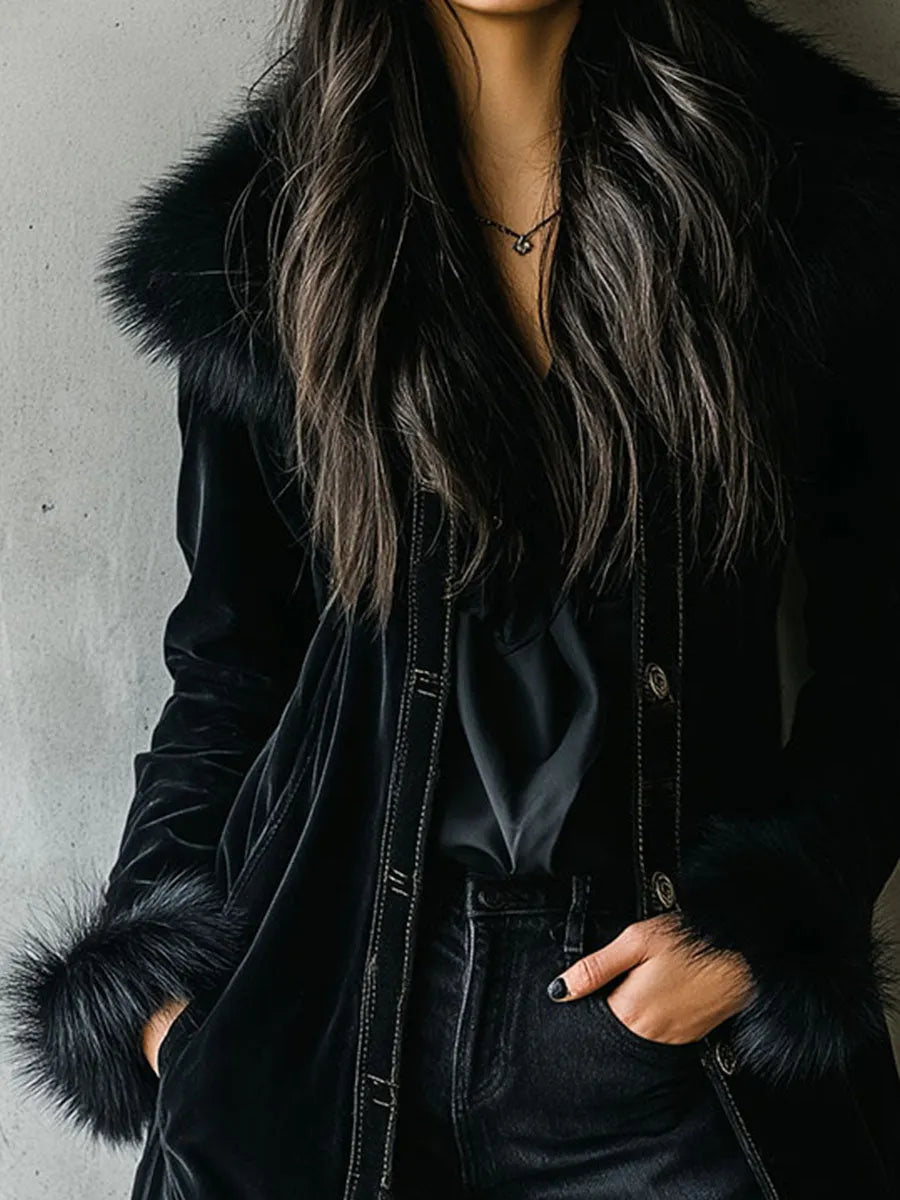 Elegant Tailoring Long Black Velvet Coat With Eco Fur Collar & Cuffs