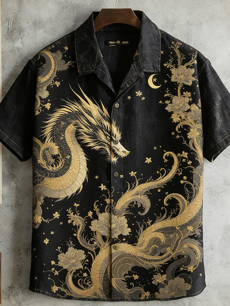 Japanese Art Retro Dragon Pattern Men's Short Sleeve Shirt