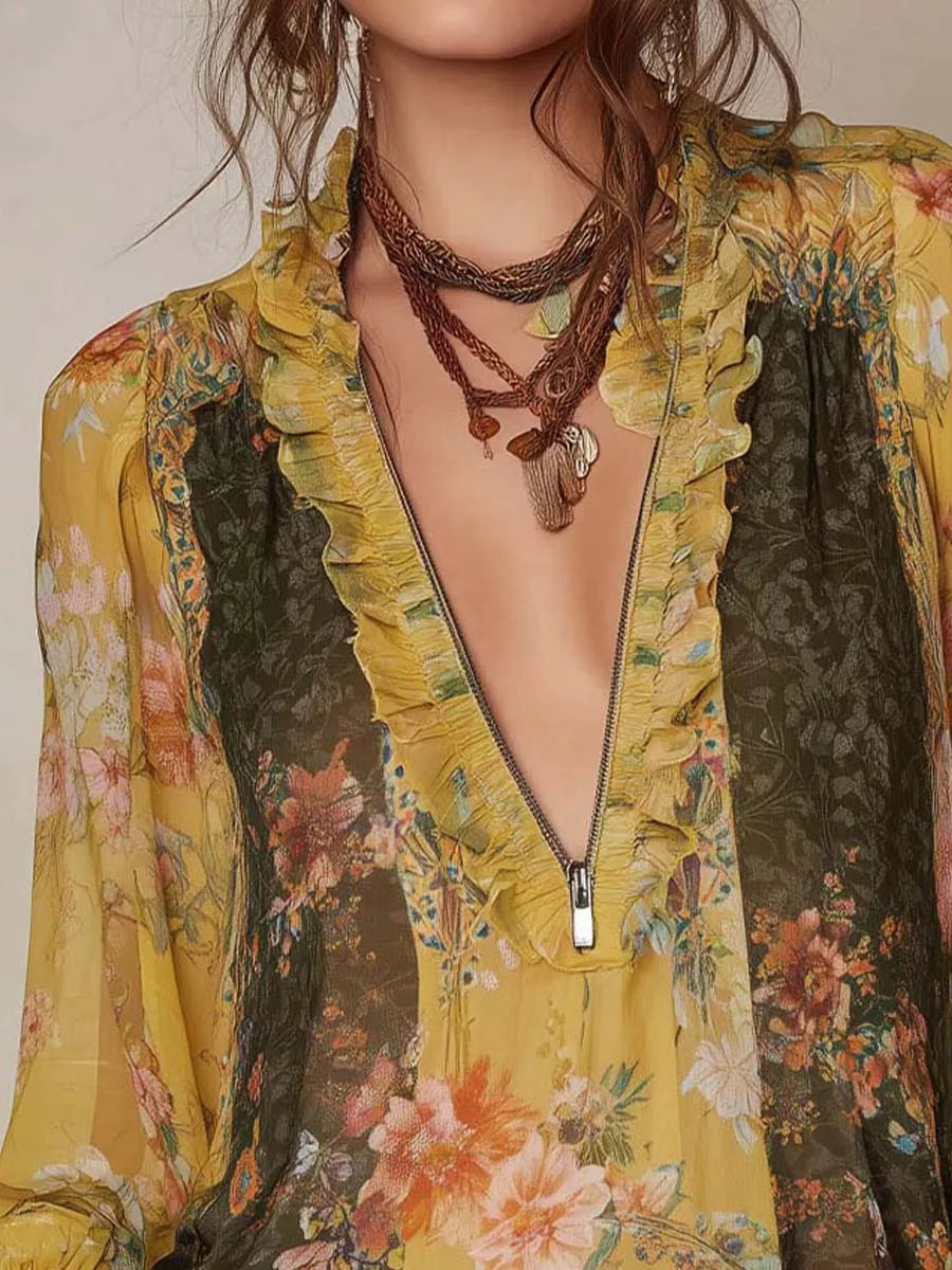 Zip-Front Ruffled Floral Chiffon Blouse