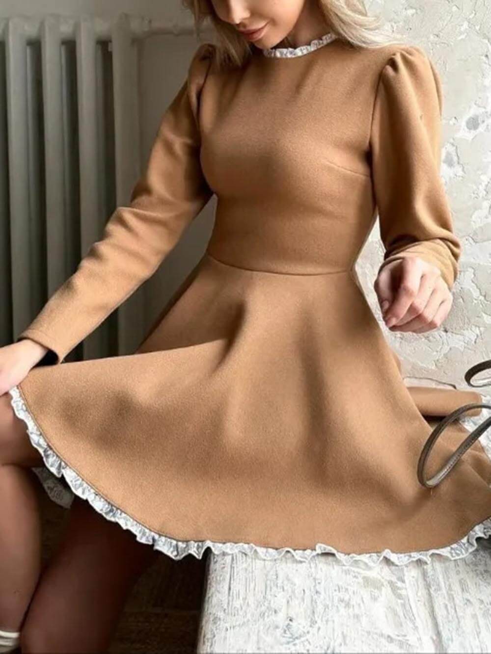 Elegant Lace Panel High Waist Long Sleeve Mini Dress