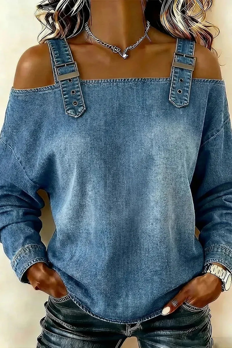 Ladies' Hot Selling Casual Denim Shoulder Strap Top