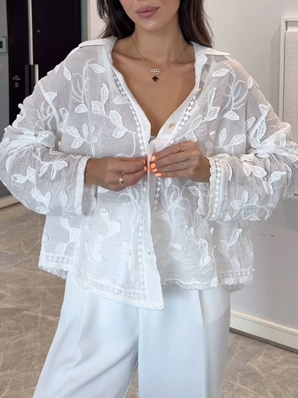 Exquisite Lapel Long Sleeves Embroidered Loose Top