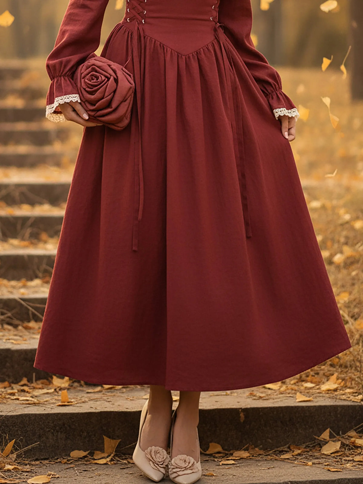 Maxi Linen Dress, Long Sleeves, Square Neck, Plain, Lace, French Vintage, Red