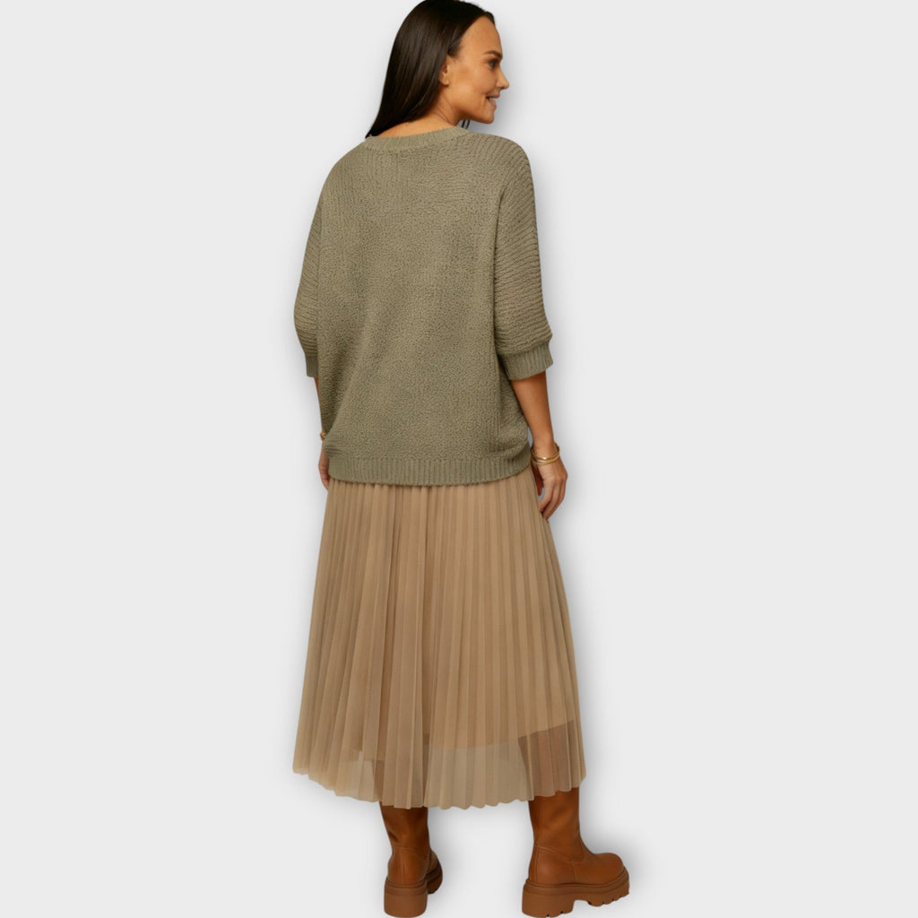 Layered Knit Top & Pleated Midi Skirt Set