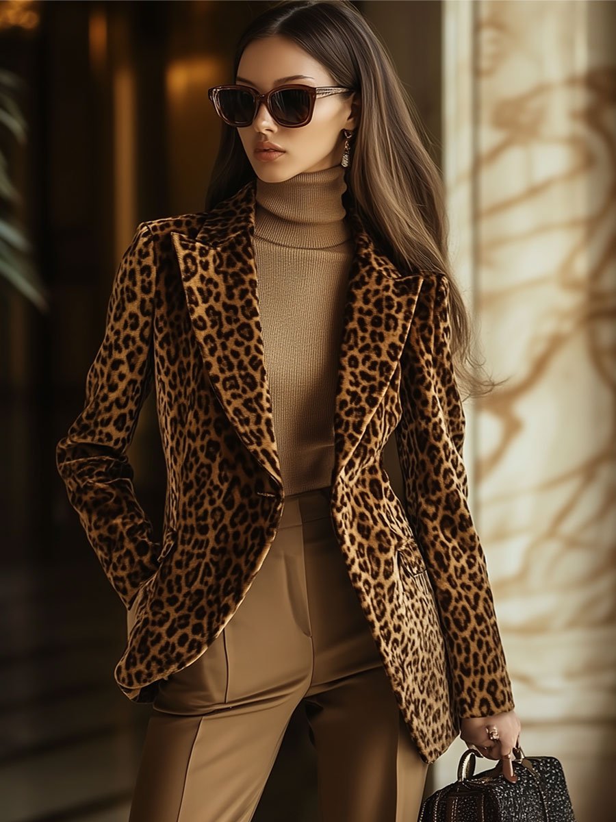 Casual Vintage Velvet Leopard Print Lapel Pocket Blazer