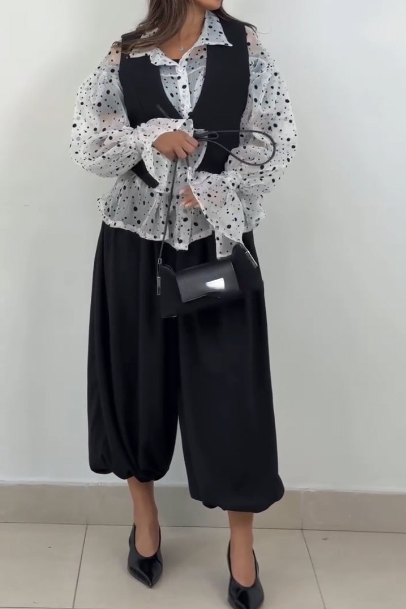 Women's Casual Lapel Polka Dot Shirt or Vest Set