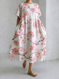 Japanese Art Cherry Blossom Printed Long Sleeve Casual Midi Dress