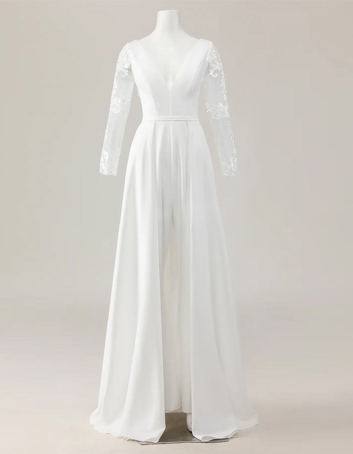 Ivory Deep V-Neck Trailing Lace Wedding Jumpsuit
