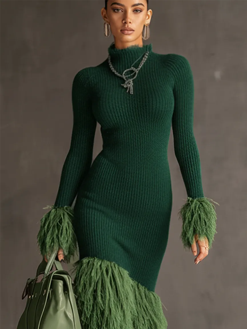 24-Hour-Shipping Emerald Knit Patchwork Eco Faux Fur Long Sleeve Bodycon Dress