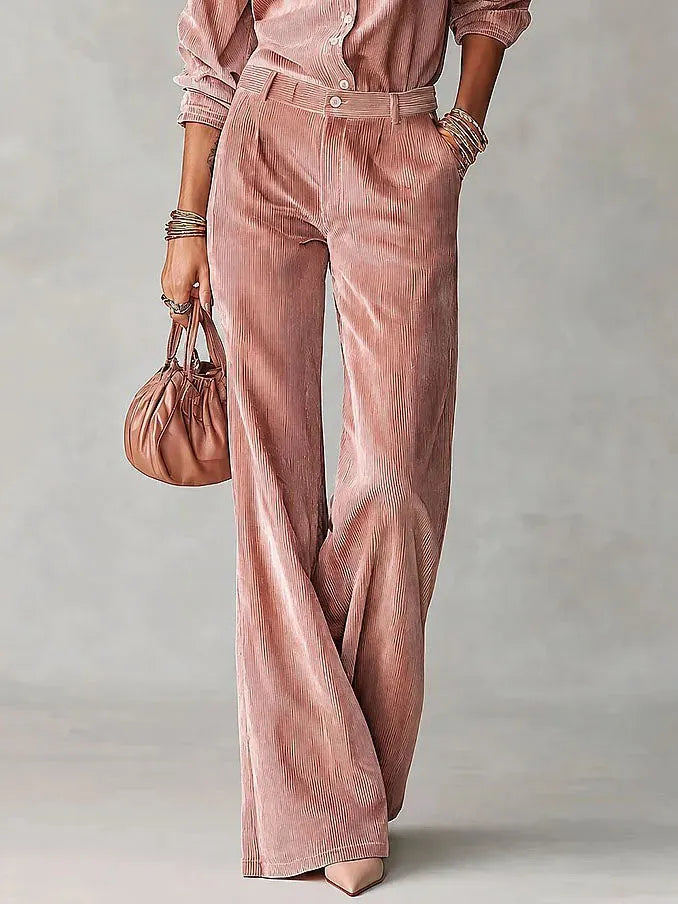 Pink Corduroy Two‑Piece Outfit, Lace Embroidered Shirt & High Waist Wide Leg Pants Set