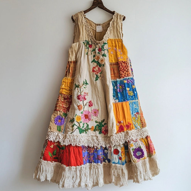 Floral Embroidered Lace Patchwork Linen Blend Dress