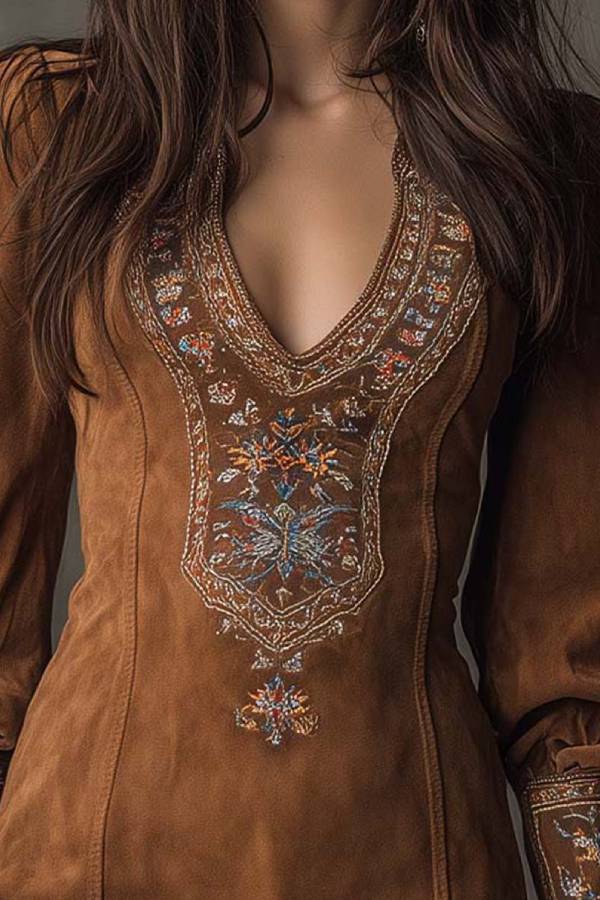 Vintage brown V-neck suede embroidered mini dress
