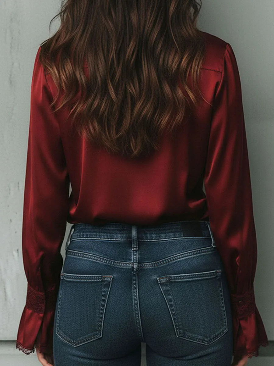 Elegant Burgundy Lace Trim Satin Blouse With Flared Cuffs