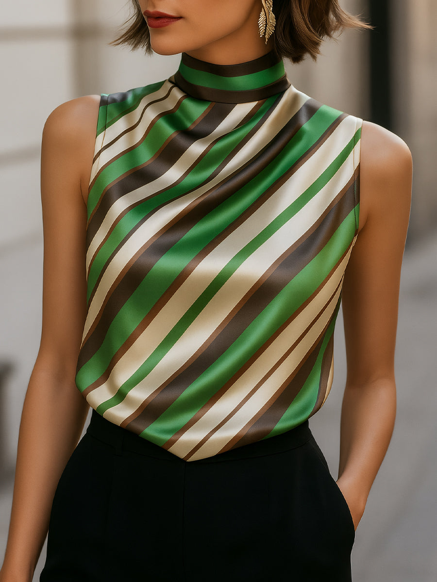 Striped Satin High-Neck Sleeveless Blouse