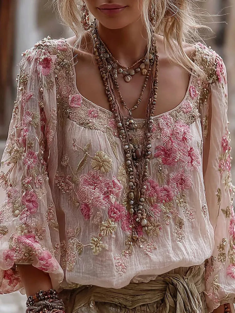 Women's Vintage Floral Pattern Casual V-neck Shirt