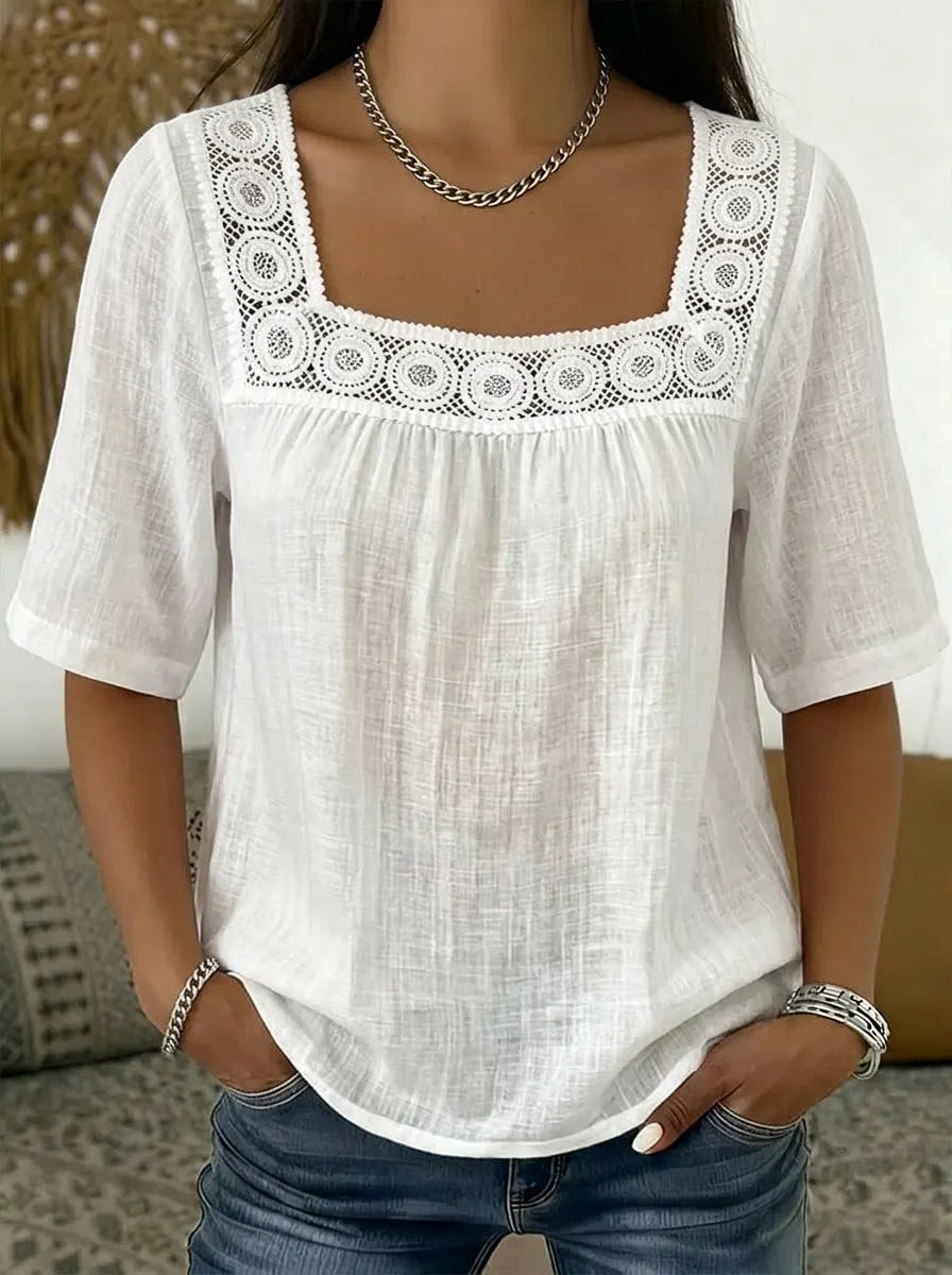Women's Causal Square-neck Short Sleeve Cotton Top