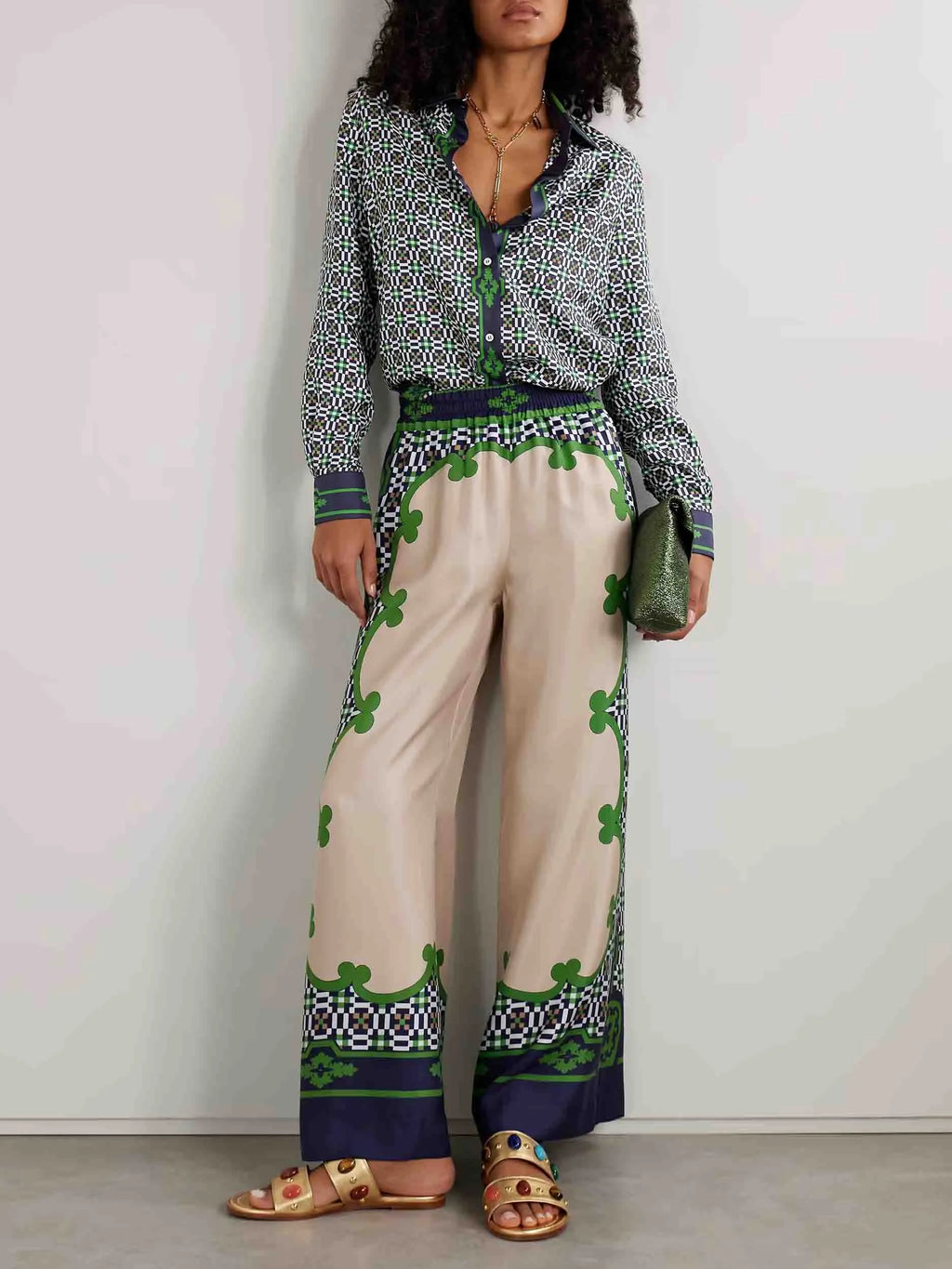 Unique Geometric Print Satin Wide-leg Pants