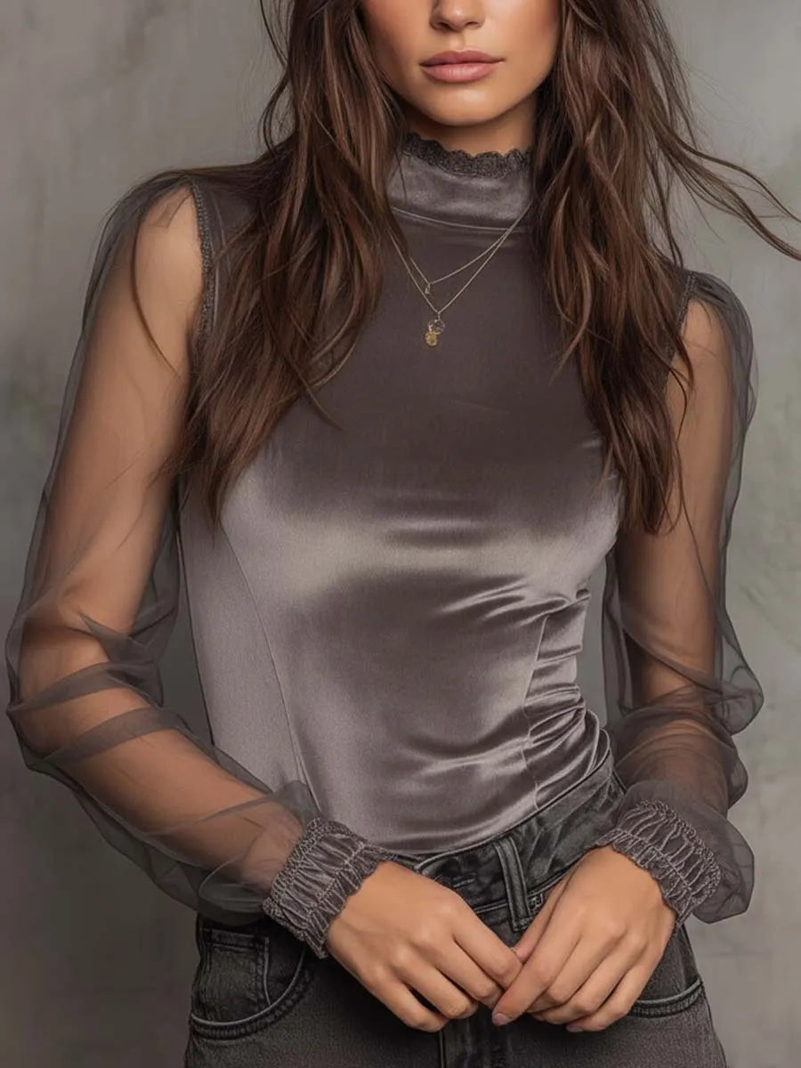 Velvet Mesh Panel High-Neck Top – Graphite Grey