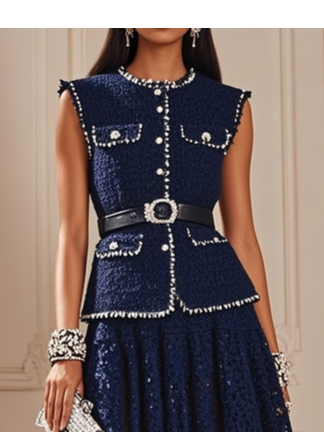 Women Tweed Purplish blue Piping Lace Crew Neck Sleeveless Dressy Coat With Skirt  Two-Piece Set