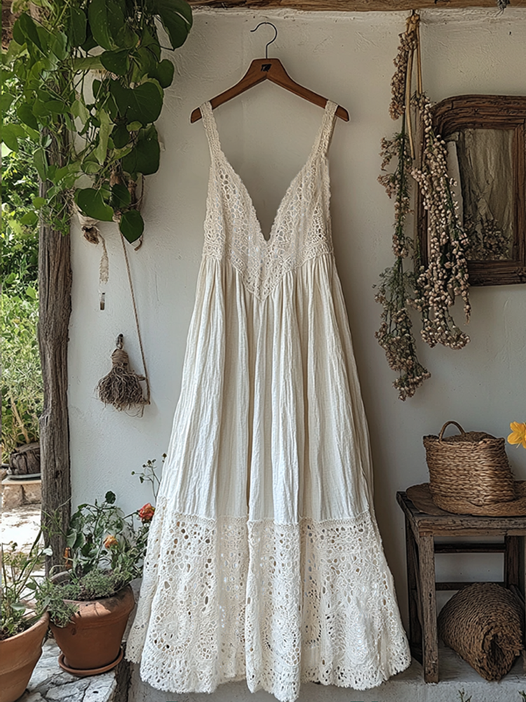 Vintage Lace Art Linen Maxi Suspender Dress