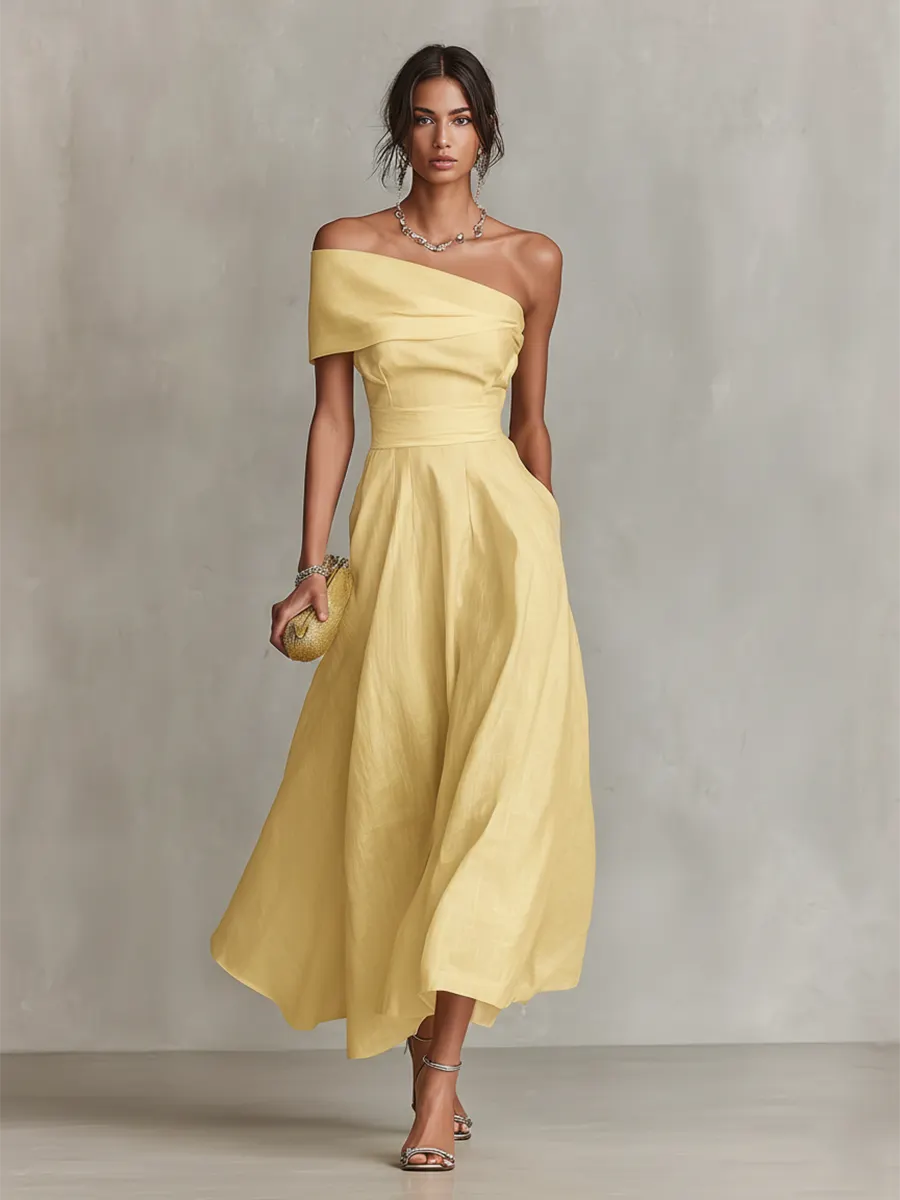 Women's Yellow Linen Dress With One-Shoulder Neckline & Fitted Waist, Timeless Elegant-Chic Style Dress MDZ2630B3I