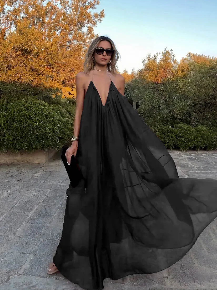 Elegant V-neck Chiffon Flowy Maxi Dress