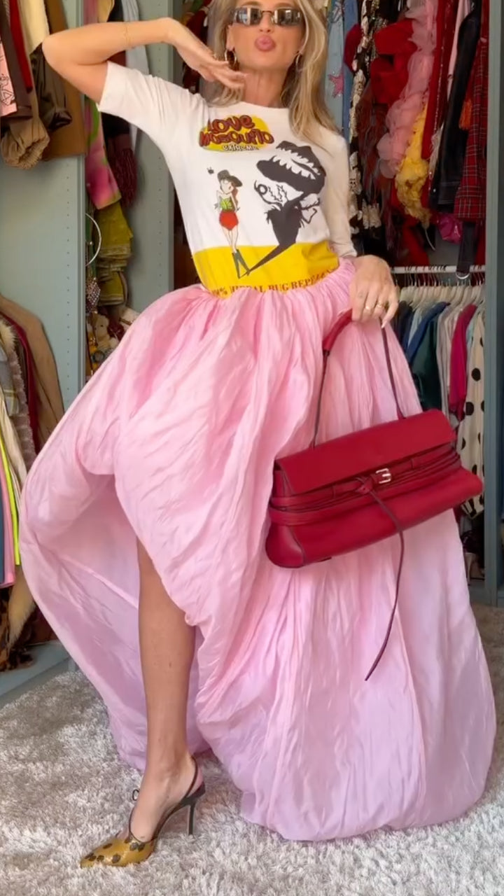 Pink Crinkled Satin High Waist Maxi Skirt