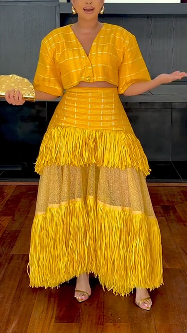 Women V-neck Striped Top + Patchwork Tassel Half Skirt Dinner Party Style Set
