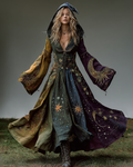 Star And Moon Themed Embroidery Gradient Hooded Witch Dress  8c11