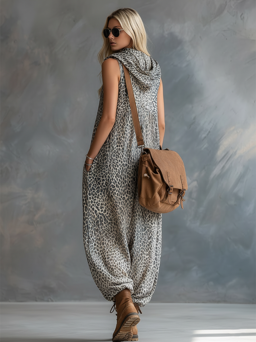 Stylish Urban Apricot-colored Leopard Print Hooded Chiffon Jumpsuit