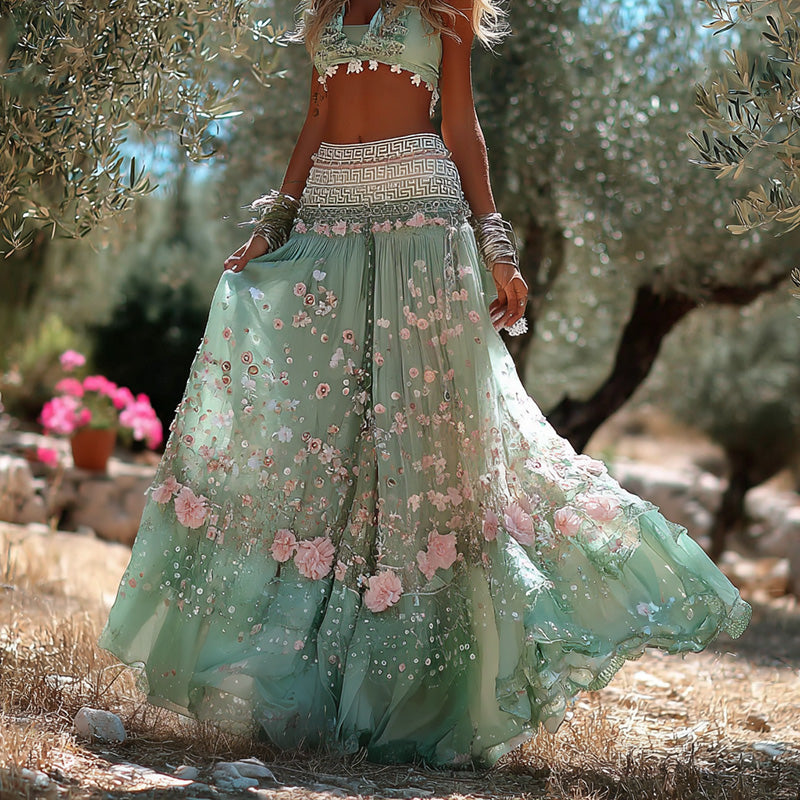 Women's Romantic Vacation Greek Key With Floral Art Linen Blend Casual Skirt