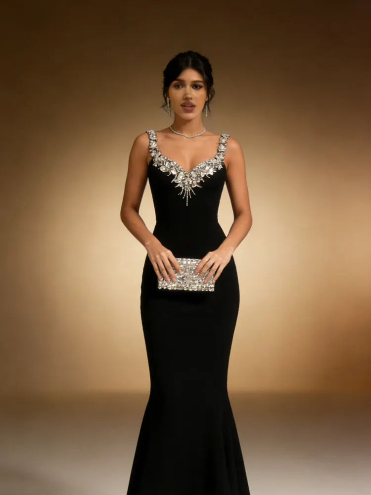 Deep V Embellished Velvet Mermaid Gown