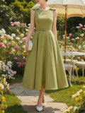 Midi Linen Dress, Sleeveless, Boat Neck, Plain, Bow, French Vintage, Green