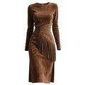 Brown Suede Asymmetric Fringe Midi Dress