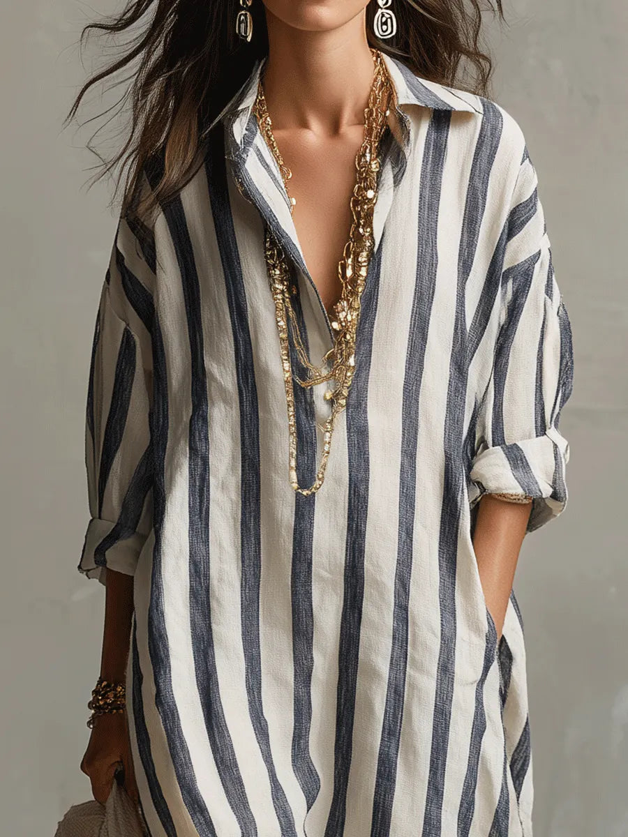 Casual Striped Shirt Bohemian Style Maxi Dress