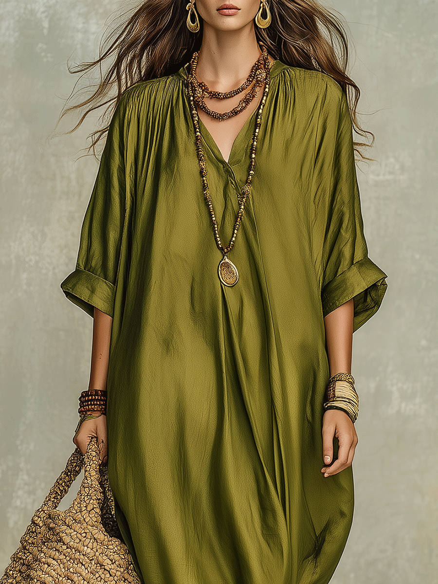 Olive Green Relaxed Bohemian Maxi Dress
