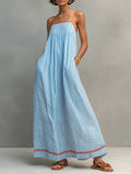 Striped Linen Spaghetti Strap Maxi Dress with Pockets
