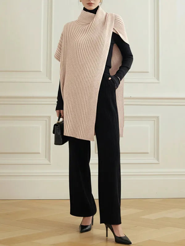 Loose Asymmetric Solid Color Split-Joint High Neck Sweater Tops