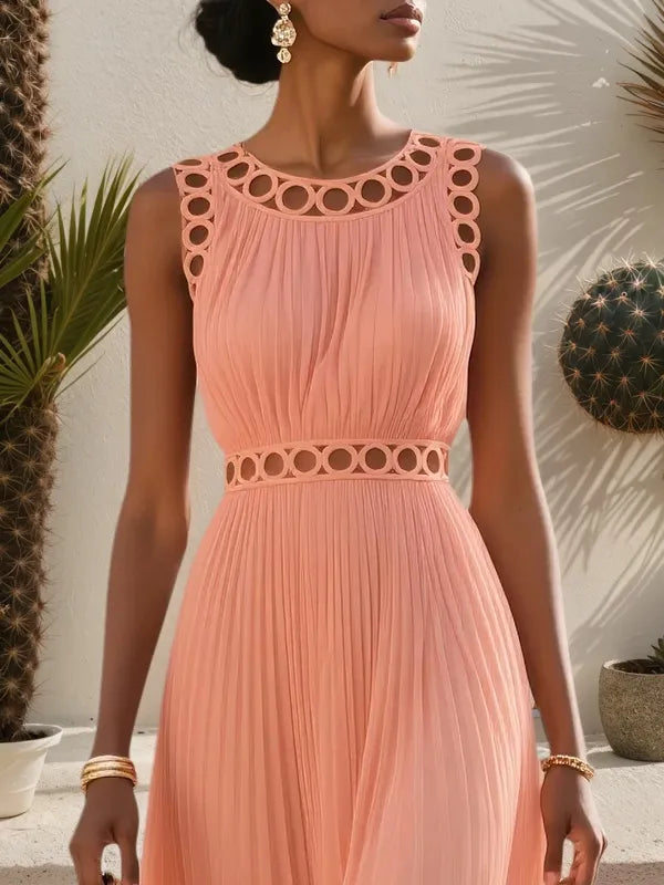Orange Lace Pleated Hollow Out Chiffon Crew Neck Sleeveless A-Line Maxi Dress