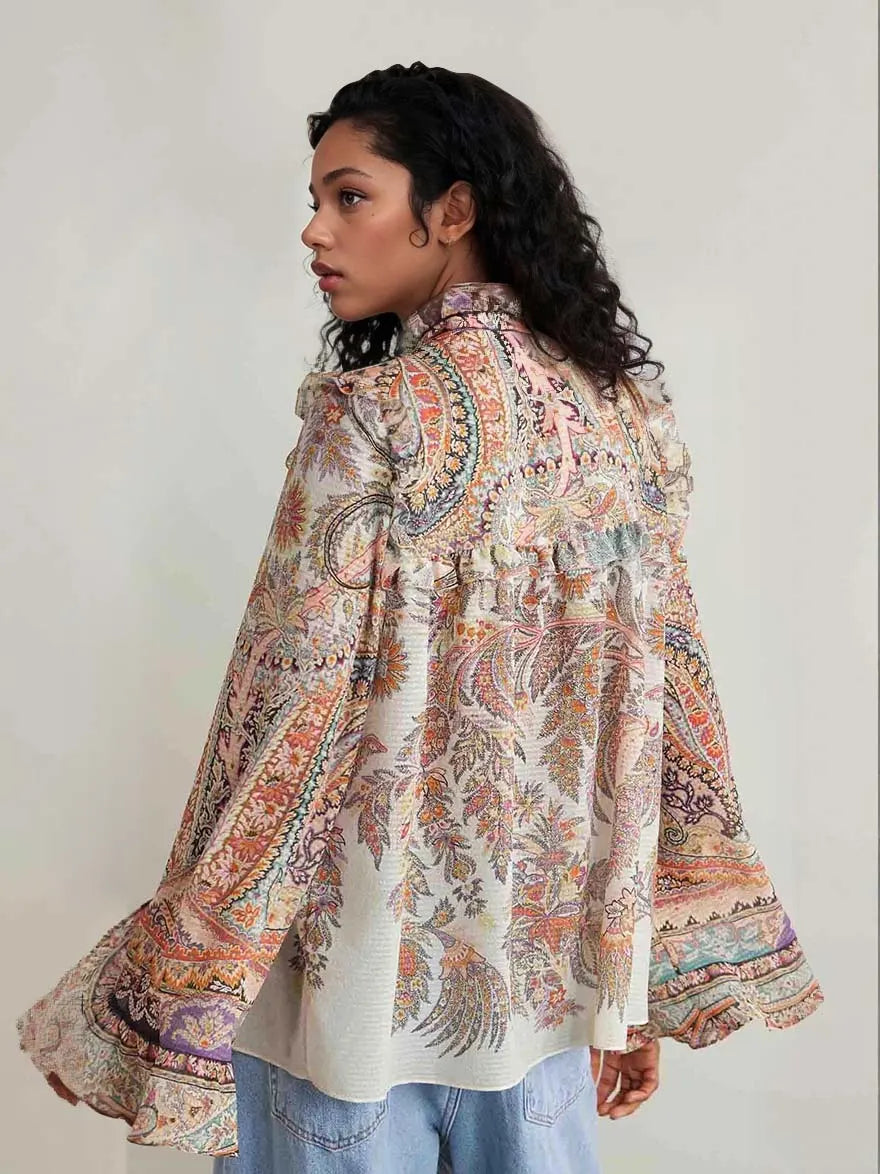 Exquisite Vintage Paisley Print Ruffled Shirt