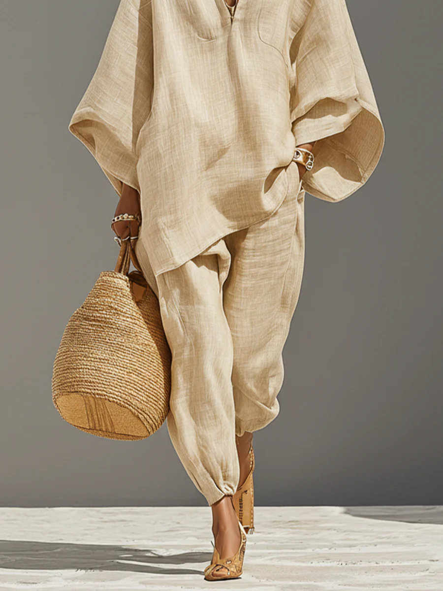 Light Khaki Minimalist Asymmetrical Hem Top And Jogger Pants Suit